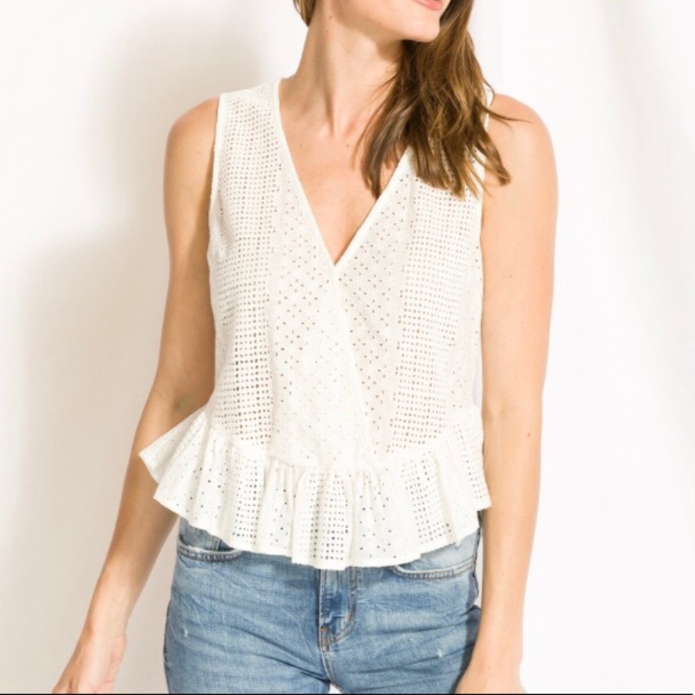 MYSTREE White Eyelet 100% Cotton Peplum Hem Tank, NWT Summer Feminine